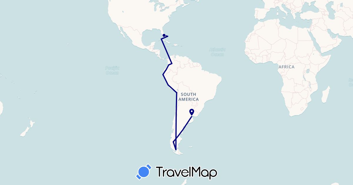 TravelMap itinerary: driving in Argentina, Bahamas, Chile, Colombia, Cuba, Ecuador, Peru, United States (North America, South America)