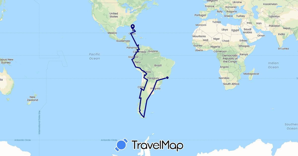 TravelMap itinerary: driving in Argentina, Bolivia, Brazil, Bahamas, Chile, Colombia, Cuba, Ecuador, Peru, United States (North America, South America)