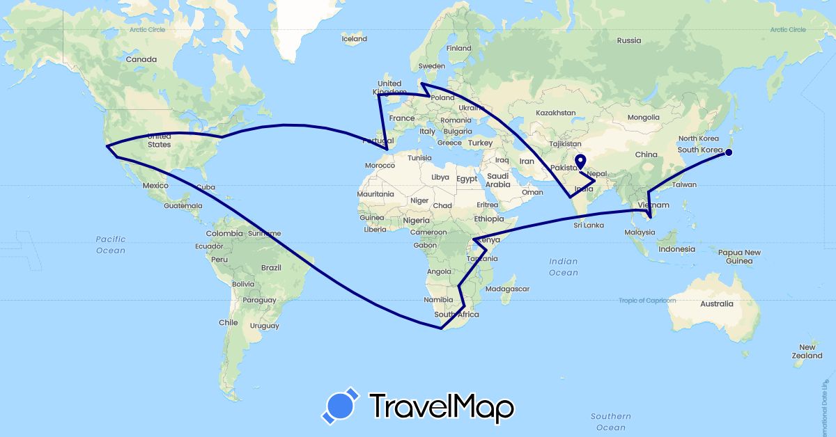 TravelMap itinerary: driving in Germany, Denmark, Spain, Ireland, India, Japan, Cambodia, Thailand, Tanzania, Uganda, United States, Vietnam, South Africa, Zambia (Africa, Asia, Europe, North America)